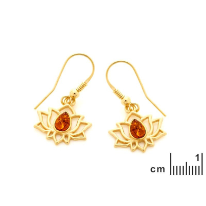 Boucles d'oreilles pendantes lotus avec ambre cognac naturel goutte, argent doré
