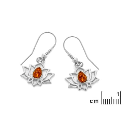 Doğal konyak kehribarlı, rodyum kaplama gümüşlü lotus sallantılı küpe