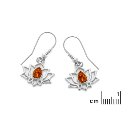 Pendientes colgantes Lotus con ámbar coñac natural, plata rodiada