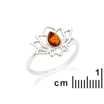 Anello Lotus con goccia di ambra naturale cognac, in argento 925 rodiato