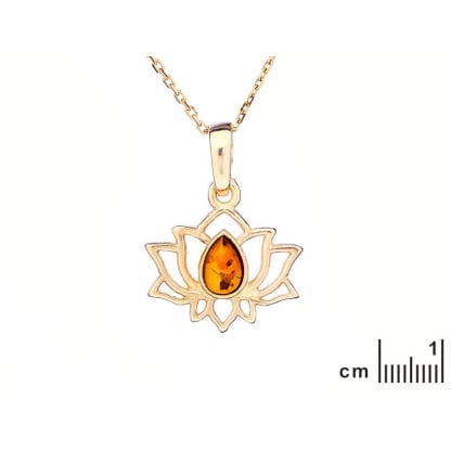 Pendentif lotus avec ambre cognac naturel goutte, en argent doré 925