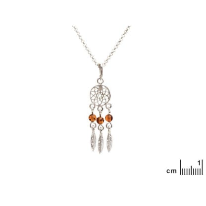 Collier attrape-rêves avec ambre cognac boule, en argent rhodié 925, 42 + 3 cm