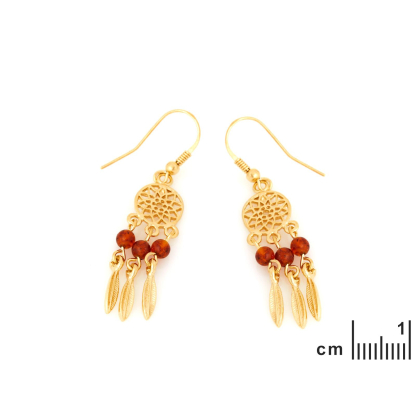Boucles d'oreilles attrape-rêves avec ambre cognac naturel, en argent doré 925