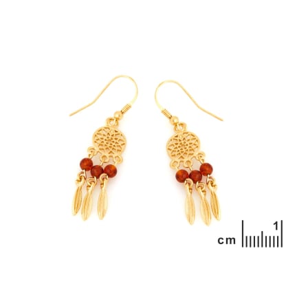Brincos apanhador de sonhos com âmbar conhaque natural, em prata dourado 925