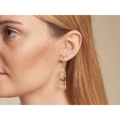Boucles d'oreilles attrape-rêves avec ambre cognac naturel, en argent doré 925