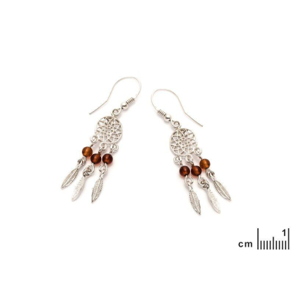 Dreamcatcher earrings with cognac amber ball, in 925 rhodium silver