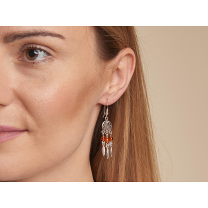 Dreamcatcher earrings with cognac amber ball, in 925 rhodium silver