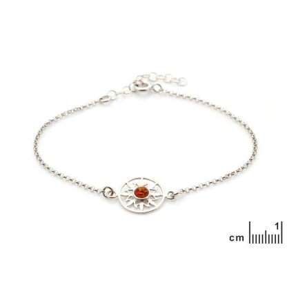 Pulsera sol con ámbar coñac redondo, en plata 925 rodiada, longitud 17+3 cm