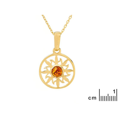 Colgante de sol con ámbar coñac redondo, en plata dorado 925, diámetro 1,5+1 cm