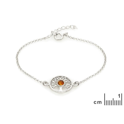 Bracciale albero della vita con ambra cognac, in argento 925 rodiato, lunghezza 17+3 cm