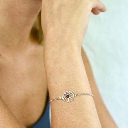 Pulsera Árbol de la vida con ámbar coñac, en plata 925 rodiada, longitud 17+3 cm