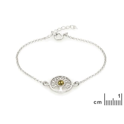 Pulseira árvore da vida com âmbar verde, em prata 925 banhada a ródio, comprimento 17+3 cm