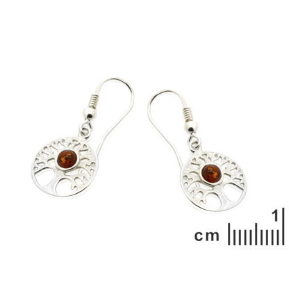 Boucles d'oreilles arbre de vie avec ambre cognac naturel, en argent rhodié 925