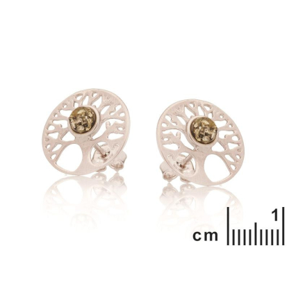 Boucles d'oreilles arbre de vie avec ambre vert naturel, en argent rhodié 925
