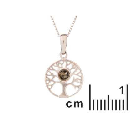 Levensboom hanger met groene barnsteen, in 925 gerhodineerd zilver, diameter 1,5+1 cm