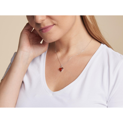 Pendentif coeur avec ambre cognac naturel, en argent rhodié 925, hauteur1,4+1 cm