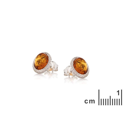 Orecchini a bottone con ambra cognac del Mar Baltico ovale, argento invecchiato 925