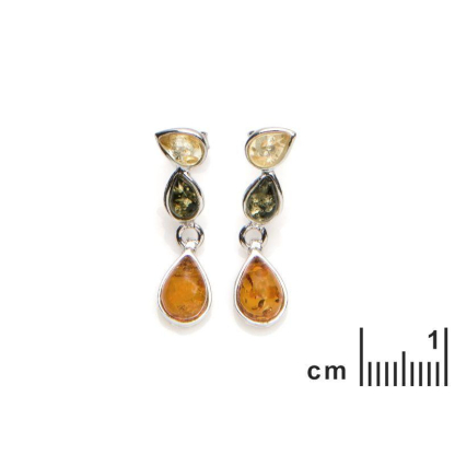 Boucles d'oreilles pendantes avec ambre multicolore goutte, en argent rhodié 925