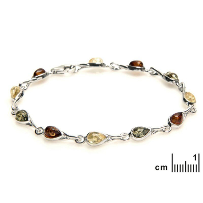 Pulsera con gota de ámbar multicolor, en plata 925 rodiada, longitud 18 cm