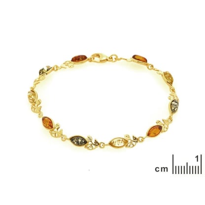 Bracelet avec ambre multicolore navette, en argent doré 925, longueur 19 cm