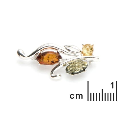 Broche avec ambre multicolore naturel de la mer Baltique, en argent rhodié 925