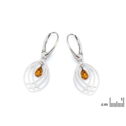 Boucles d'oreilles pendantes avec ambre cognac goutte, en argent rhodié 925