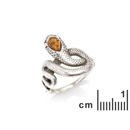 Snake ring with natural cognac amber drop, in 925 rhodium silver