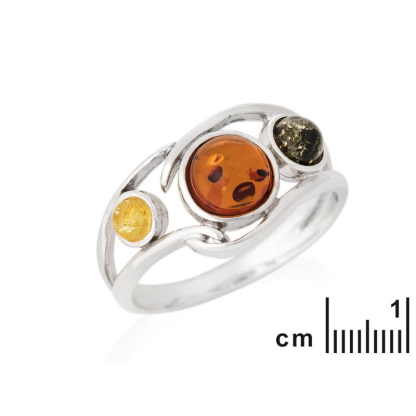 Ring met natuurlijk veelkleurig amber uit de Baltische Zee, gemaakt van 925 gerhodineerd zilver