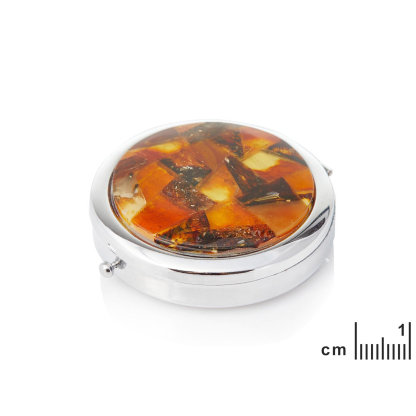Pilulier rond mirroir en métal et ambre, 7x1.5 cm