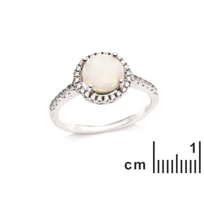 Ring met ronde opaal en zirkoniumoxide, in gerhodineerd zilver 925