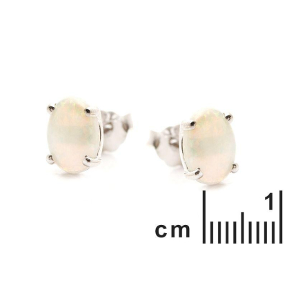 Stud earrings with natural oval white opal, in 925 rhodium silver