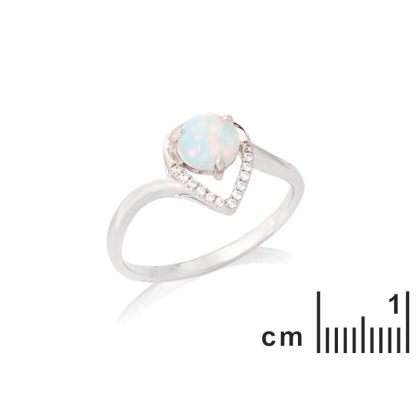 Ring with round opal and zirconium oxide, in rhodium-plated silver 925