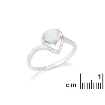Yuvarlak opal ve zirkonyum oksitli yüzük, 925 rodyum kaplama gümüş
