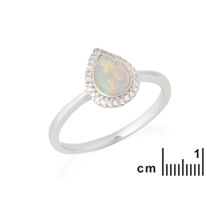 Ring with drop opal and zirconium oxide, in rhodium-plated silver 925