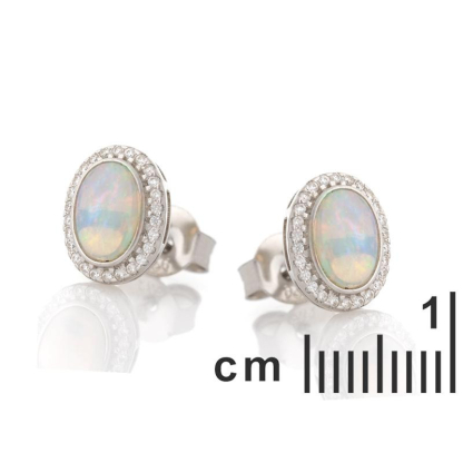 Cercei cu opal oval și oxid de zirconiu, din argint placat cu rodiu 925