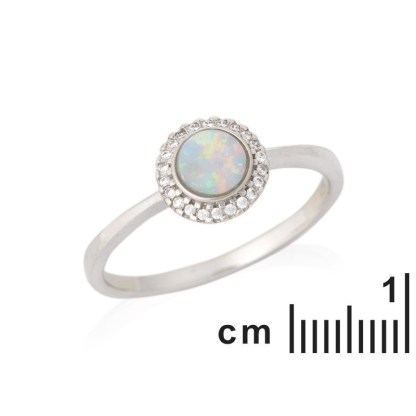 Ring with round opal and zirconium oxide, in rhodium-plated silver 925