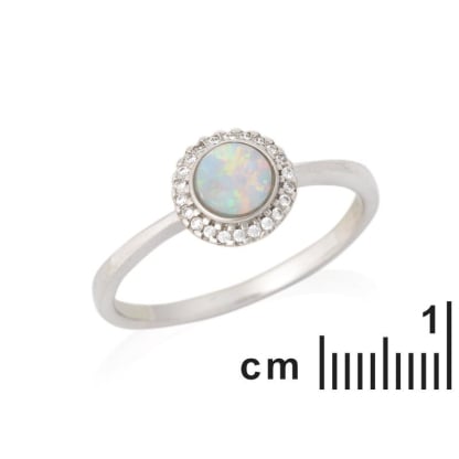 Yuvarlak opal ve zirkonyum oksitli yüzük, 925 rodyum kaplama gümüş