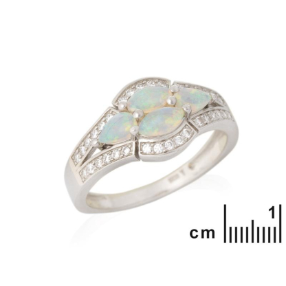 Ring with navette opal and zirconium oxide, in rhodium-plated silver 925