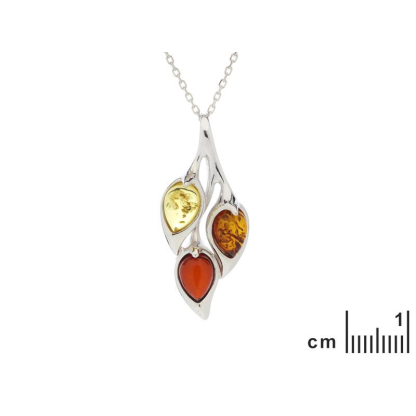 Ciondolo con goccia di ambra multicolore, in argento 925 rodiato, altezza 3 cm