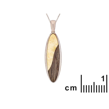 Pendant with amber navette and oak, in rhodium silver 925, height 4.5+1.2 cm