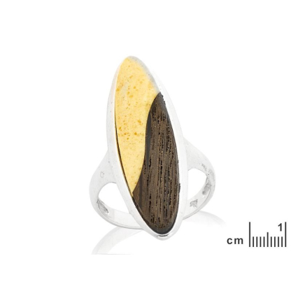 Inel cu chihlimbar si stejar, din argint 925 placat cu rodiu
