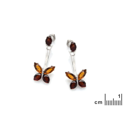 Pendientes de mariposa con ámbar coñac natural, en plata 925 rodiada