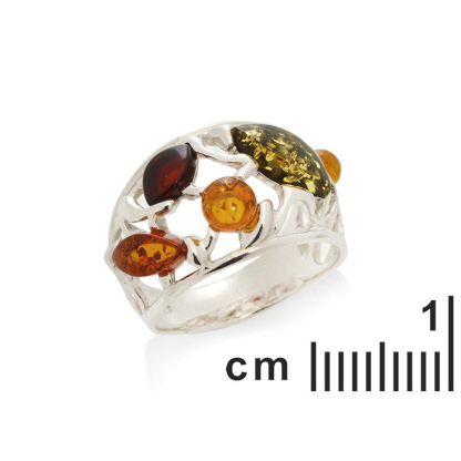 Ring with natural multi-colored amber from the Baltic Sea, in 925 rhodium-plated silver