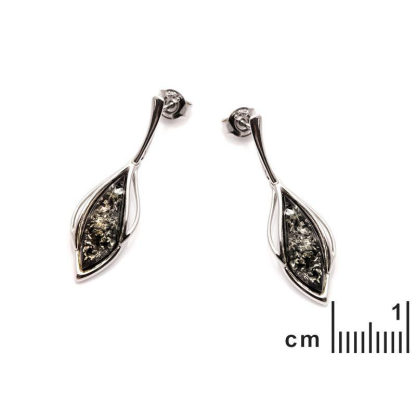 Boucles d'oreilles pendantes avec ambre vert navette, en argent rhodié 925