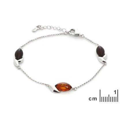 Armband mit mehrfarbigem Schiffchen-Bernstein, aus 925 rhodiniertem Silber, Länge 17+3 cm