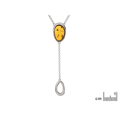 타원형 코냑 앰버 목걸이, 로듐 도금 실버 925, 길이 45 + 3 cm