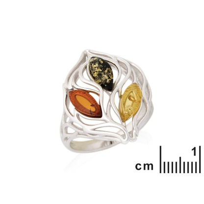 Bague avec ambre multicolore naturel de la mer Baltique, en argent rhodié 925
