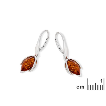 Earrings with natural cognac amber navette, in rhodium silver 925