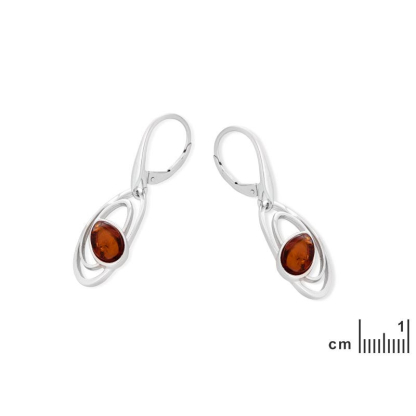 Brincos com âmbar conhaque natural oval, em prata 925 banhada a ródio