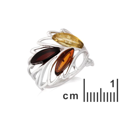 Bague avec ambre multicolore de la mer Baltique navette, en argent rhodié 925
